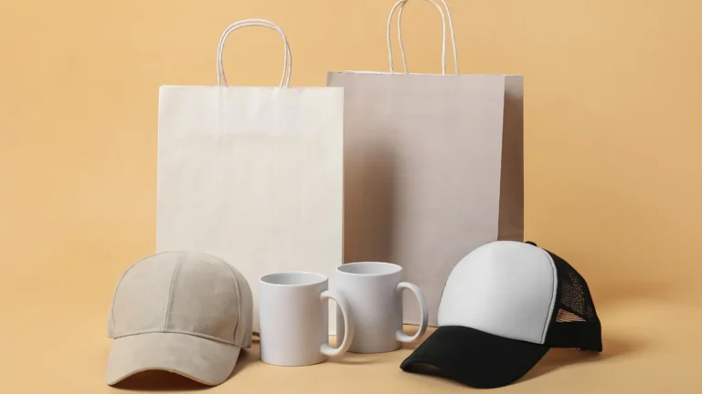 Different blank items for branding on beige background.
