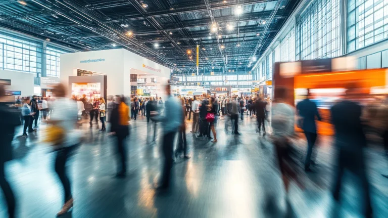 A dynamic scene at a busy trade fair with blurred figures of people networking and interacting around modern exhibition booths