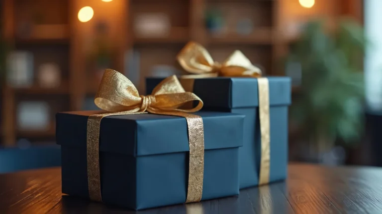 Elegant blue gift boxes with gold ribbons on dark table.