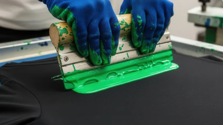 Detailed shot of the screen printing process with vibrant green ink on dark fabric