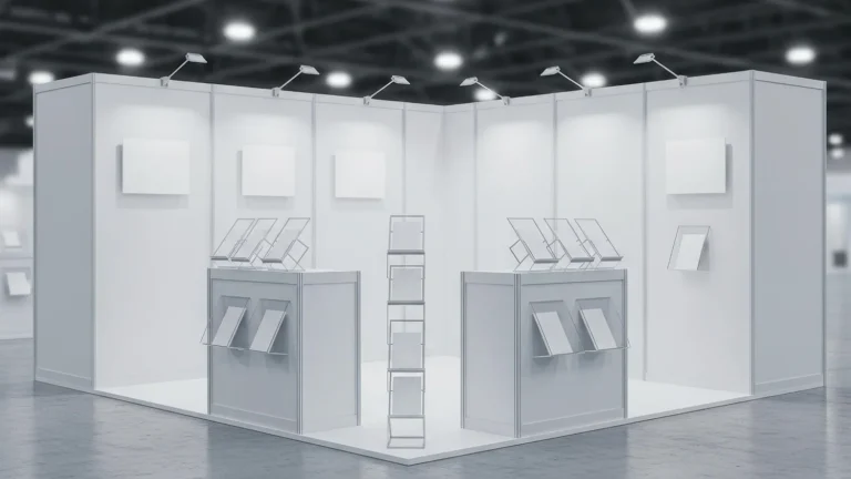 modern white exhibition booth, showcasing display panels and product placement, in a large hall