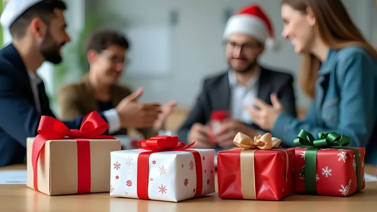 Christmas gift boxes on table, office party, business colleagues wearing santa hats - corporate holiday party