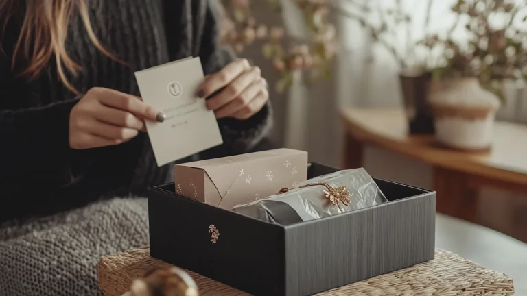 A delighted customer unboxing a luxury branded merch at home, surrounded by premium packaging, with branded tissue paper and an elegant thank-you note inside
