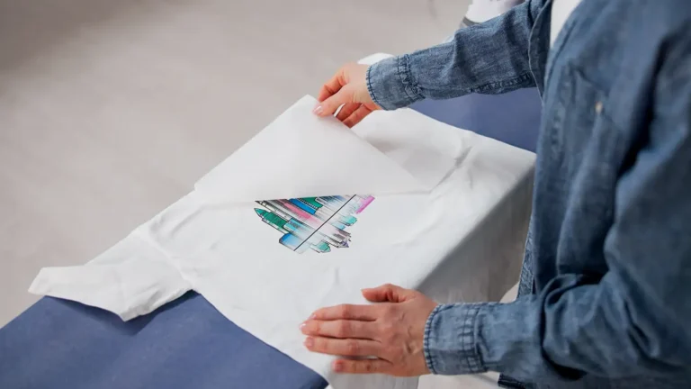 Woman Applying Custom Heat Transfer Design On T-Shirt With Iron